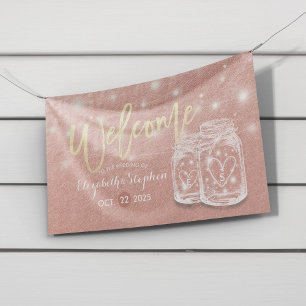 Lona Bienvenida boda Mason Jars String Lights Rosa Gold