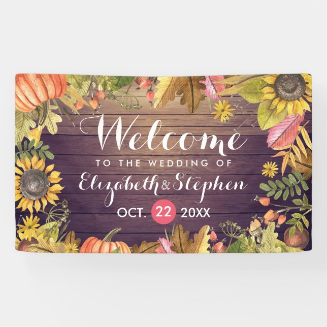 Lona Bienvenida boda Otoño Maple Leaves Calabaza Madera (Horizontal)