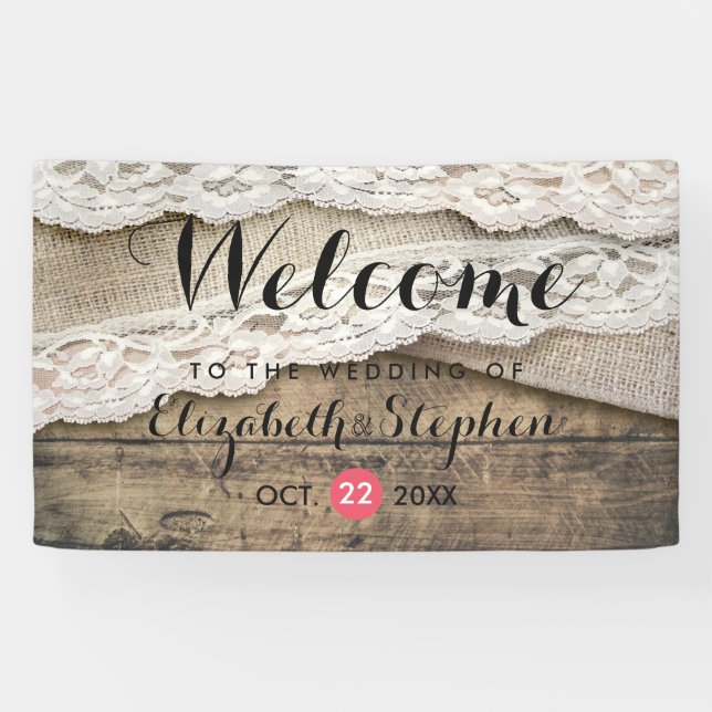 Lona Bienvenida Boda Rústico Country Wood Burlap Lace (Horizontal)
