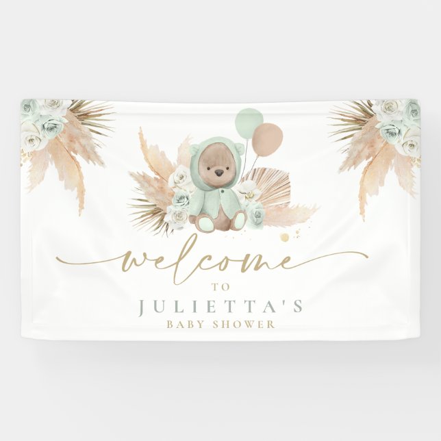 Lona Bienvenida Boho Teddy Bear Baby Shower Green Bear (Horizontal)