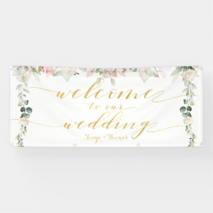 Lona Bienvenida Caligrafía Dorada Elegante con Flor de 