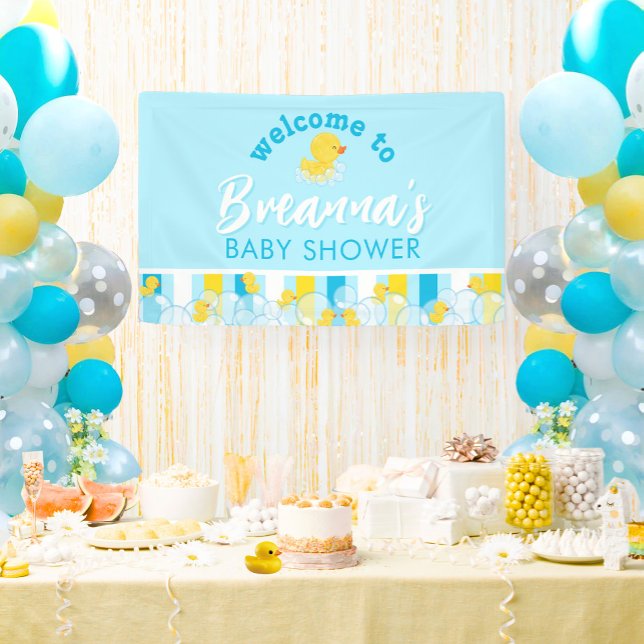 Lona Bienvenida colgante de Baby Shower de un pato de g (Boy Rubber Duck Baby Shower Vinyl Welcome Hanging Banner in Baby Blue on Yellow)