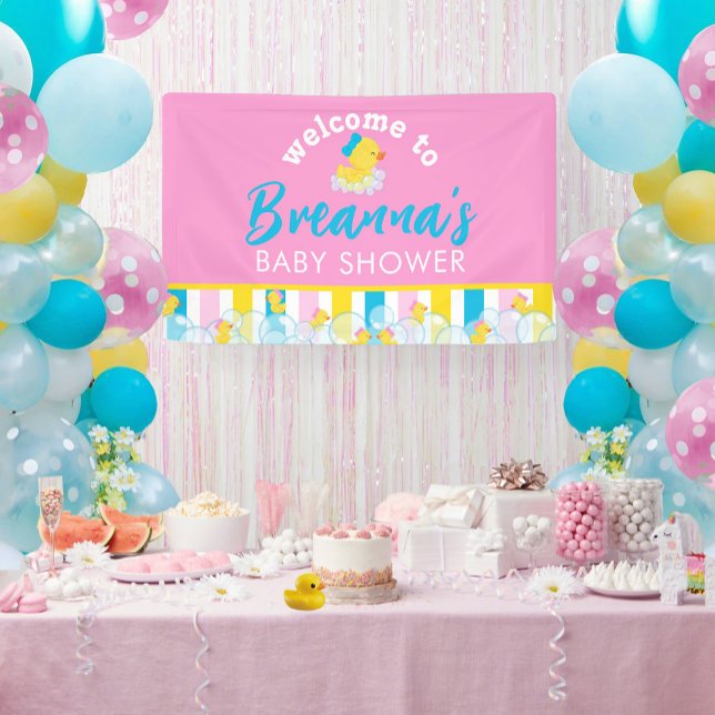Lona Bienvenida colgante de Baby Shower del chica del p (Welcome to Girl Rubber Ducky Hanging Vinyl Baby Shower Banner in Pink)