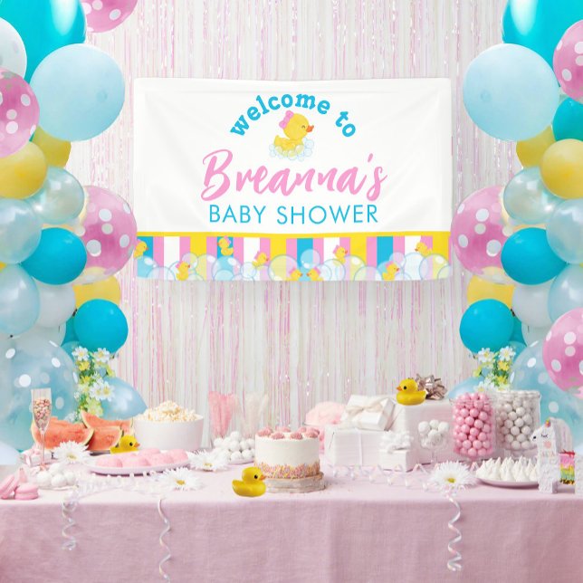 Lona Bienvenida colgante de Baby Shower del chica del p (Welcome to Girl Rubber Ducky Hanging Vinyl Baby Shower Banner in White)