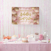 Bienvenida con globos rosados y dorados para dulce