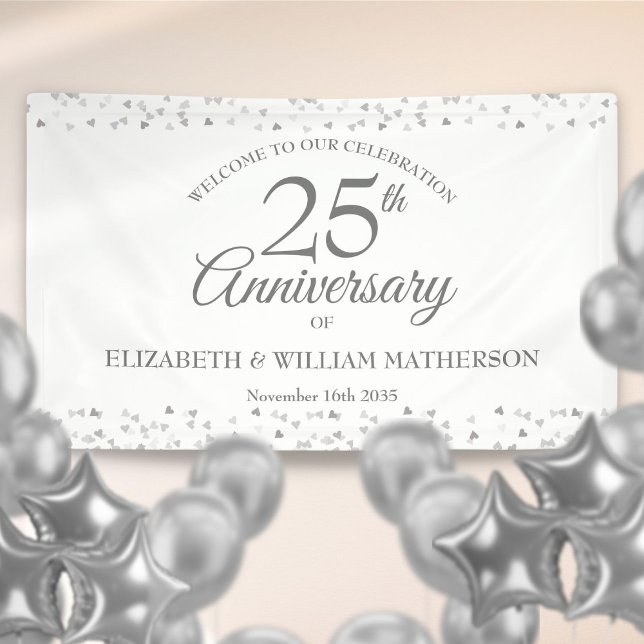 Lona Bienvenida Confetti, 25° aniversario de Boda de Pl (25th Silver Wedding Anniversary Confetti Welcome Banner)