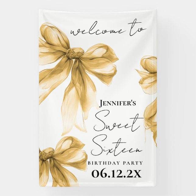 Lona Bienvenida Coquette Arco Dorado Script Cumpleaños  (Vertical)