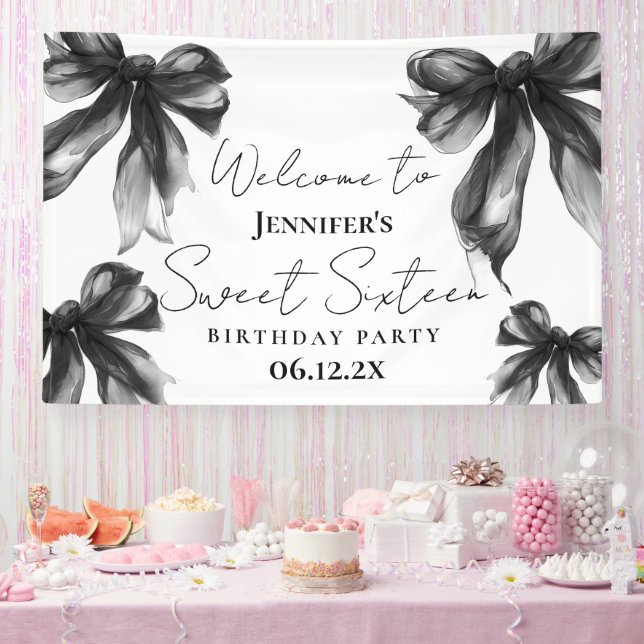 Lona Bienvenida Coquette Black Bow Script Sweet 16  (Fiesta)