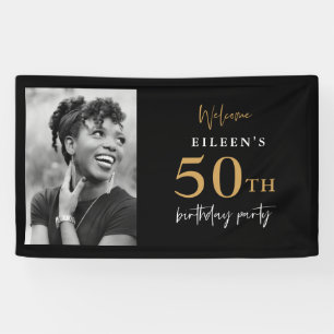 Lona Bienvenida Cumpleaños 50 Foto Negra y Dorada