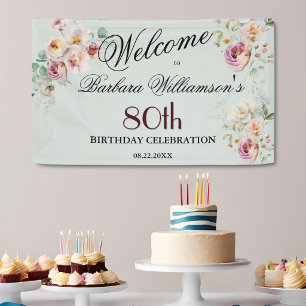 Lona Bienvenida Cumpleaños 80 Banner Acuarela Floral