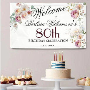 Lona Bienvenida Cumpleaños 80 Banner Acuarela Floral