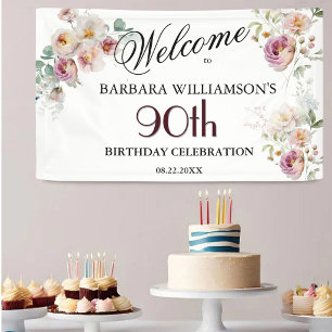 Lona Bienvenida Cumpleaños 90 Banner Acuarela Floral