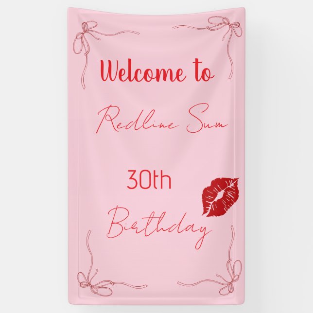 Lona Bienvenida Cumpleaños con Lazo Rosa Sassy Script M (Vertical)