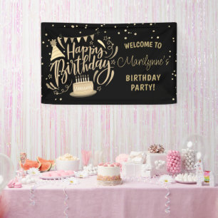 Lona Bienvenida Cumpleaños Infantil Brillo Dorado Negro