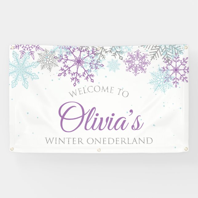 Lona Bienvenida Cumpleaños Invierno Onederland Púrpura  (Horizontal)