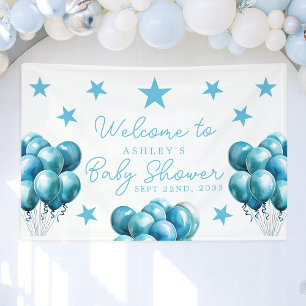 Lona Bienvenida Cumpleaños Niño Acuarela Globos Azules