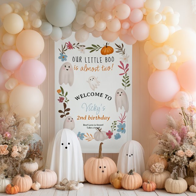Lona Bienvenida de 2º cumpleaños de Blue Little Boo Hal (Blue Little Boo Halloween 2nd Birthday Welcome Banner)
