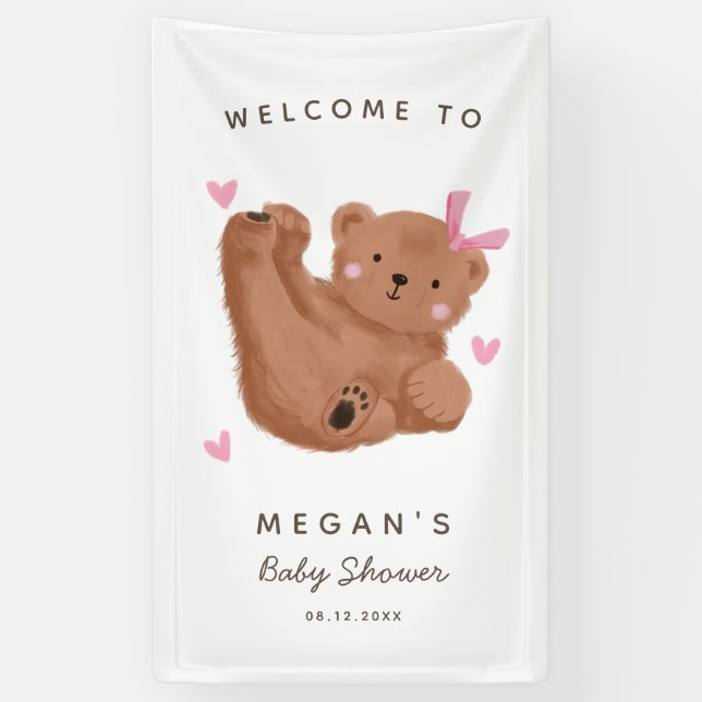 Lona Bienvenida de Baby Shower Cub Bear Pink (Vertical)