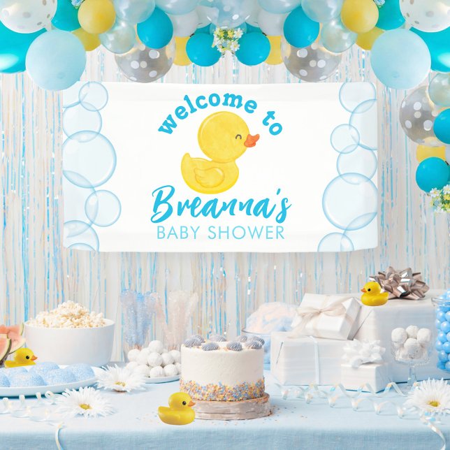 Lona Bienvenida de Baby Shower Rubber Ducky Colgando a  (Welcome to Names Baby Shower Watercolor Rubber Ducky Hanging Vinyl Baby Shower Party Banner)
