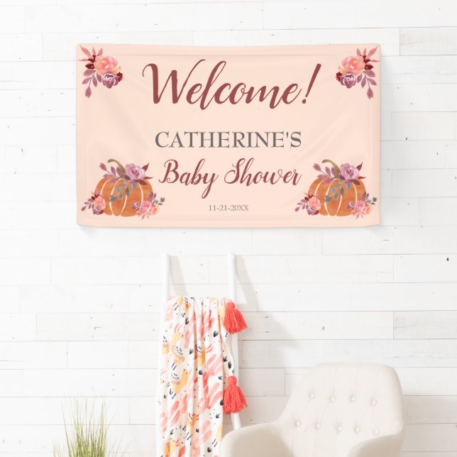 Lona Bienvenida de Baby Shower Rustic Autumt Floral Pum (In situ)