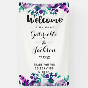 Lona Bienvenida de boda con acuarela floral menta y púr