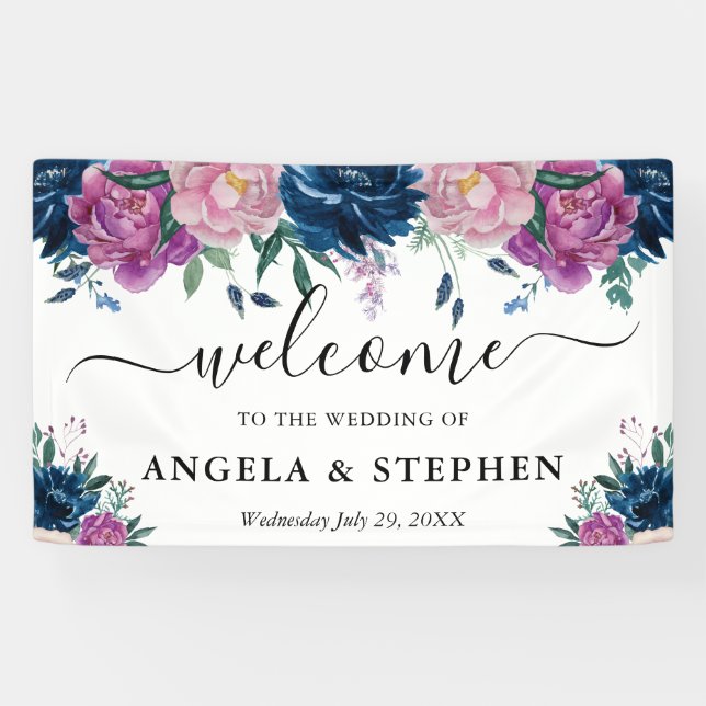 Lona Bienvenida de boda con flores azules y moradas (Horizontal)