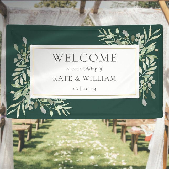Lona Bienvenida de boda con follaje verde esmeralda (Emerald Greenery Foliage Wedding Welcome Banner)