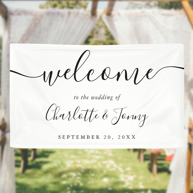 Lona Bienvenida de boda con guion en blanco y negro (Black And White Script Wedding Welcome Banner)