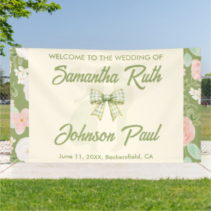 Lona Bienvenida de boda con lazo de gingham verde de fl