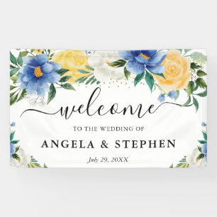 Lona Bienvenida de Boda de Flores Boho Azules y Amarill