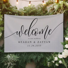 Lona Bienvenida de Boda Simple Caligrafía Gris Suave