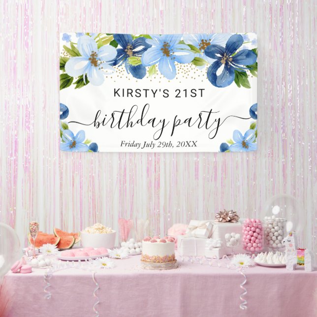 Lona Bienvenida de cumpleaños con flores boho azules y  (Fiesta)