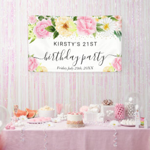 Lona Bienvenida de cumpleaños con flores boho rosadas y
