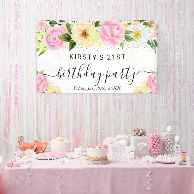 Lona Bienvenida de cumpleaños con flores boho rosadas y (Fiesta)