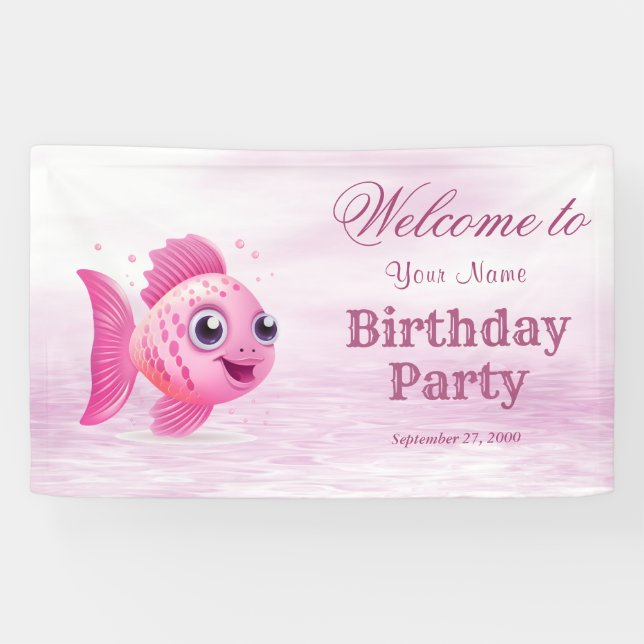 Lona Bienvenida de cumpleaños de peces rosados (Horizontal)