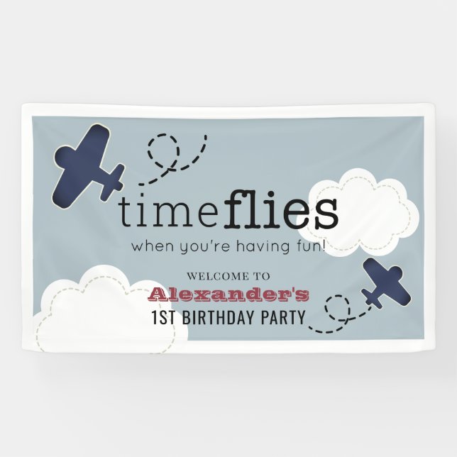 Lona Bienvenida de cumpleaños de Time Flies Airplane Bl (Horizontal)