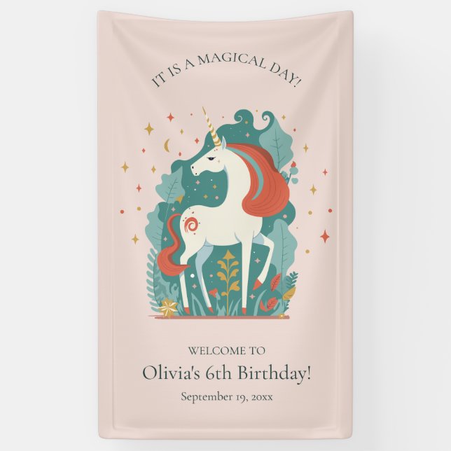 Lona Bienvenida de cumpleaños de Unicornio mágico (Vertical)