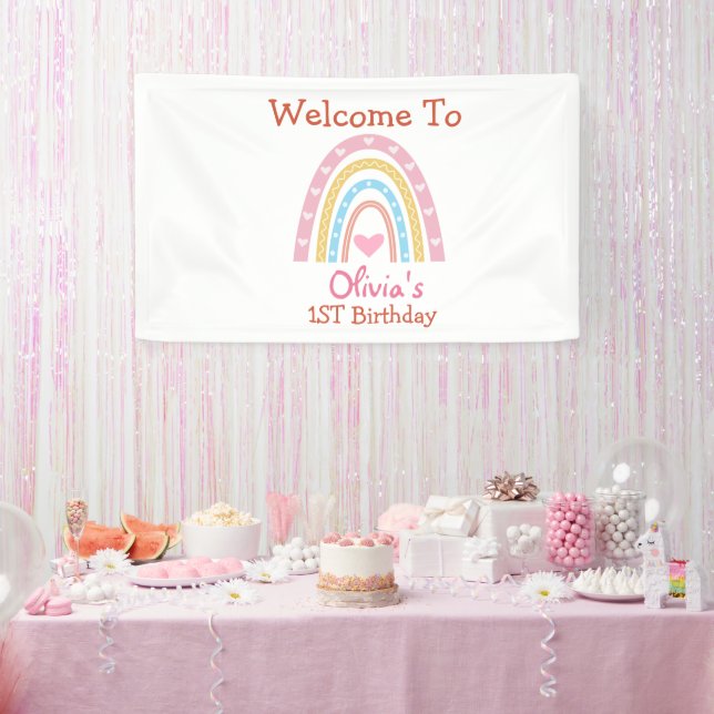 Lona Bienvenida de cumpleaños Pastel Boho Arcoíris Con  (Fiesta)