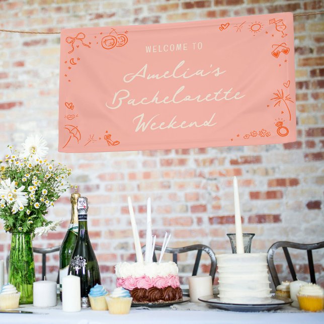 Lona Bienvenida de fin de semana de despedida de solter (Pink and red hand drawn girly sketch illustrations bachelorette party welcome banner.)