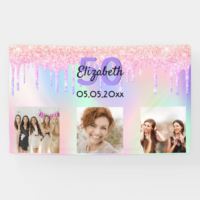 Lona Bienvenida de la foto de cumpleaños púrpura rosa (Horizontal)