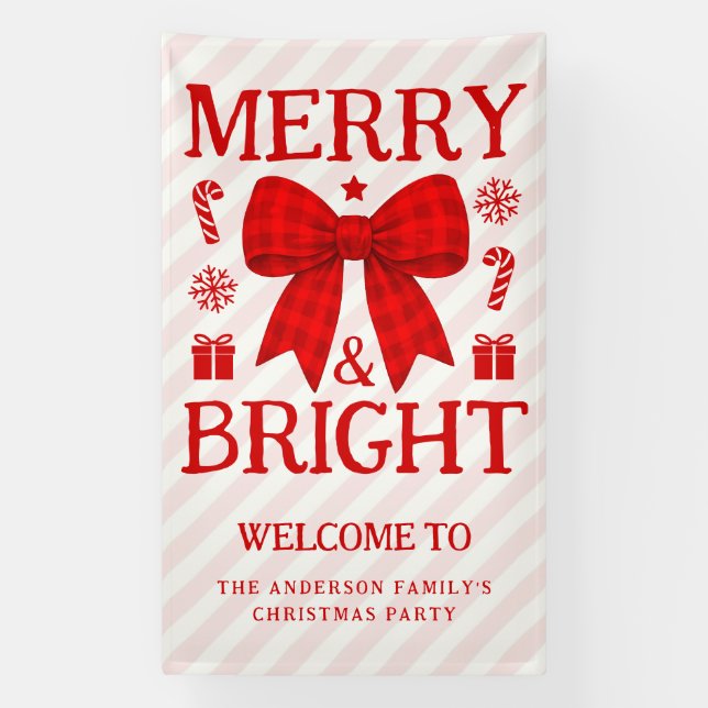 Lona Bienvenida de Navidad con lazo de gingham rojo ale (Vertical)