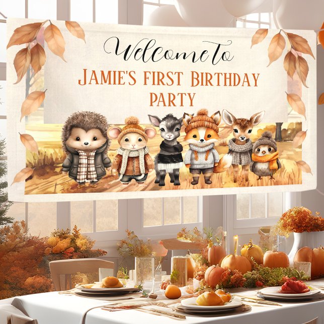 Lona Bienvenida de primer cumpleaños de los amigos caíd (Fall Friends Cute Animals 1st Birthday Welcome Banner)