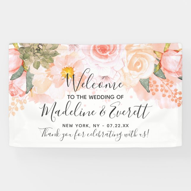 Lona Bienvenida del Boda Floral de Peach & Mint Succulu (Horizontal)