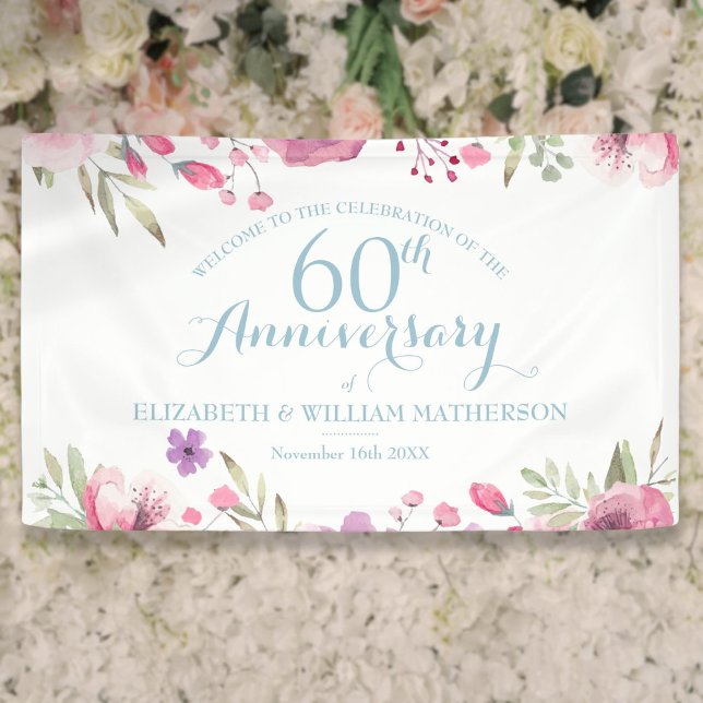 Lona Bienvenida floral a los Rosas de acuarela en 60 añ (60th Anniversary Watercolor Roses Floral Welcome Banner)