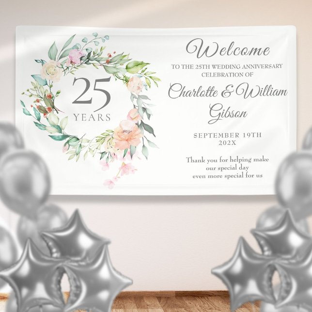 Lona Bienvenida floral a los Rosas del 25° Aniversario  (25th Silver Anniversary Roses Floral Welcome Banner)
