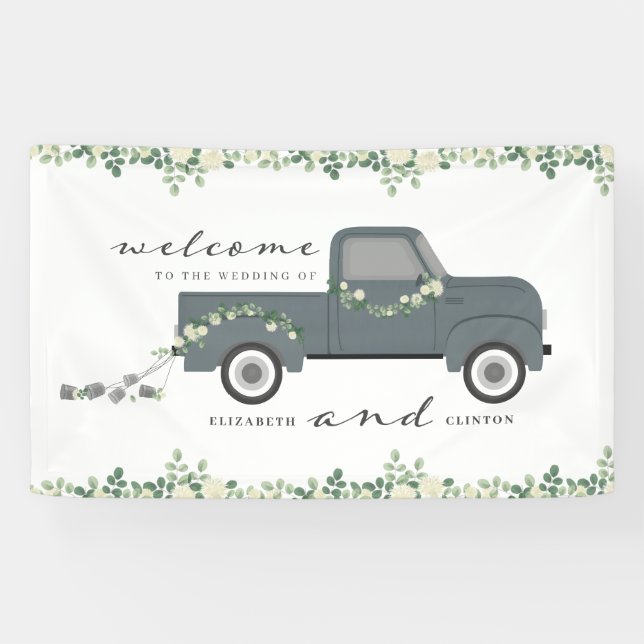 Lona Bienvenida Floral Boda de Camión Vintage (Horizontal)
