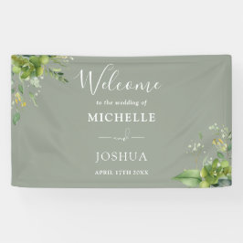 Lona Bienvenida floral de boda verde con salvia y veget