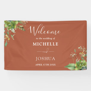 Lona Bienvenida floral de terracota para boda con veget