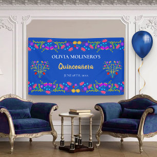Lona Bienvenida Floral Royal Blue Mexicana Quinceanera