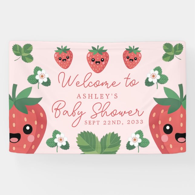 Lona Bienvenida Kawaii de Fresa para Baby Shower (Horizontal)